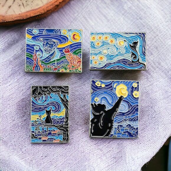 Starry Night Black Cat Enamel Pin Van Gogh Oil Painting Brooch Lapel Badge Set 4 - Picture 2 of 14